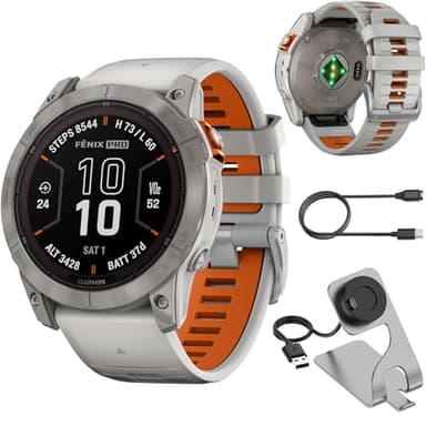 Garmin Fenix 7X Pro Sapphire Solar, Multisport GPS Smartwatch, Built-in Flashlight, Solar Charging, Titanium with Fog Gray/Ember Orange Band Bundle with Deco Essentials Charging Dock &Silicone Covers