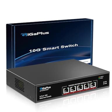 5-Port 10Gb Ethernet Switch Unmanaged with 5 x 10Gb RJ45 Ports, GiGaPlus 10Gbe Network Switch Easy for 10G NAS, PC, WiFi7 Routers, 10G NIC/Adapters. 100Gbps Switching Capacity. Desktop/19-inch Rack