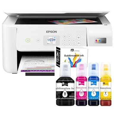 Pinckney Cartridge-Free Super-Tank Printer with Sublimation Ink Bundle for Heat Transfers, Easy Fill, Built-in Scanner & Copier (White)