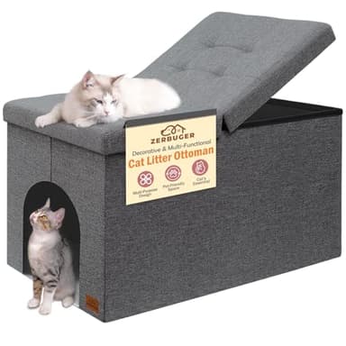 Zerbuger Cat Litter Box Enclosure Furniture for Odor Control, Hidden Cabinet Cats Litter Ottoman with Flip-Up Lid,Cat Litter Box Bench with Storage Space, Dog Proof(Grey, Large)