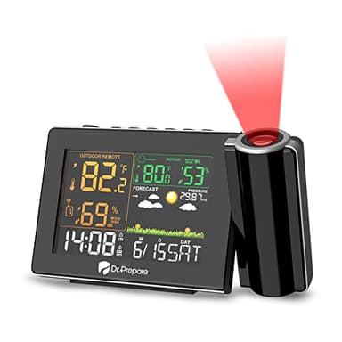 DR.PREPARE Projection Alarm Clock, Adjustable Projection Focus, Wireless Indoor Outdoor Temperature Humidity Monitor, 180° Projector, Snooze, Weather Forecast, Dual Alarms for Bedroom, Heavy Sleeper