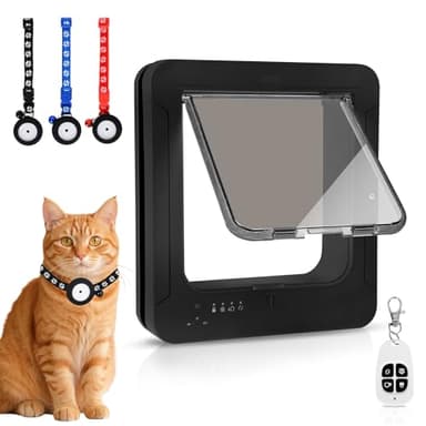 Smart Cat Door for Interior & Exterior, Flap Opening is 7.67’’ (H) by 7'' (W), RFID Cat Pet Door with 3 RFID Collar Sensor Keys & 1 Remote & 4 Way Locking Cat Flap, Automatic Opening Cat Door (Black)