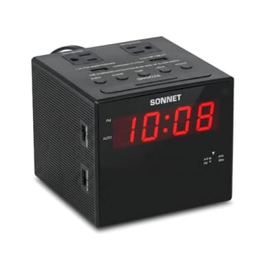 Sonnet Alarm Clock Charging Station, AM FM Radio, Dual USB Charging Ports, Dual AC Outlets, Very Loud Alarm Clock for Heavy Sleepers and The Hearing Impaired for Desk, Bedroom
