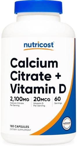Nutricost Calcium Citrate + Vitamin D Supplement (2,100mg) 180 Capsules - 20mcg of Vitamin D, 60 Servings