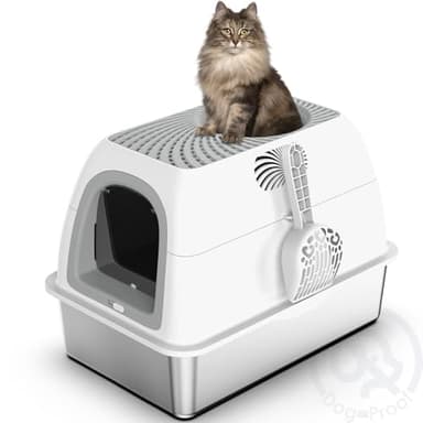 Stainless Steel Top Entry Litter Box with Dog-Proof, Hooded Stainless Steel Litter Box with Filter Lid & Scoop for Low Tracking, Enclosed Cat Litter Boxes for Anti-Leakage Metal Litter Pan