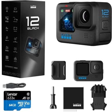 GoPro HERO12 Black - Waterproof Action Camera with 5.3K60 Ultra HD Video, 27MP Photos, HDR, Live Streaming, Webcam, Stabilization + Bundle, 64GB Card and 47 Piece Accessory Kit