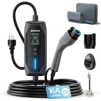 bokman Portable Level 2 & Level 1 EV Charger (240V, 16A), 20ft Cable and NEMA 6-20 Plug and NEMA 5-15 Adapter for Household Socket, Current Adjustable 6-16Amp (J1772 Connector)