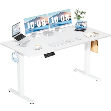 DUMOS 63 Inch Electric Standing Desk Height Adjustable, Sit to Stand Computer Workstations Large Work PC Table Home Office Writing Gaming Desks with Memory Presets for Walking Pad, Bedroom, White