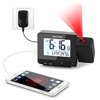 SMARTRO Digital Projection Alarm Clock for Bedrooms with Indoor Thermometer Hygrometer, USB Charger, Bedside Projector, Travel, AC and Battery Operated