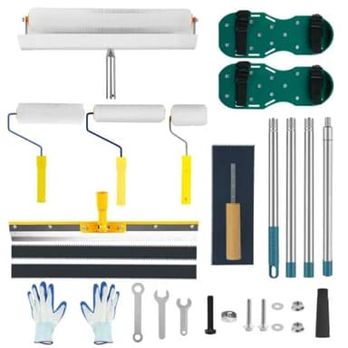 Complete Self Leveling Cement Tool Kit, Professional Epoxy Floor Kit Tools with Spiked Roller with Splash Guard, Spike Shoes, Paint Roller, Trowel, Scraper & Extension Pole (Upgrade Set)