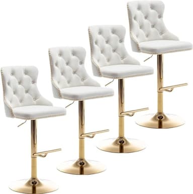 Cinxzar Gold Velvet Bar Stools Set of 4, Swivel Counter Height Bar Stools with Nailheads Trim and Button, Adjustable Barstools for Kitchen Island, Pub, Club (Beige)