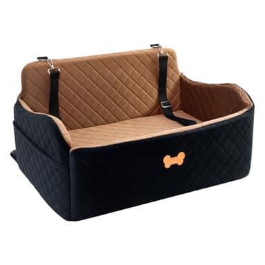 KEELUXE Car Seat for Large Size Dog, Booster Seat for Dogs Under 55 lbs or 2 Small Dogs, Soft Car Dog Bed Filling in Thick Memory Foam with 2 Safety Leashes and Storage Pocket (Brown/Black)