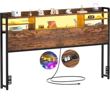 Aheaplus Headboard for King Size Bed with Storage, Headboards with LED Light, Power Outlets, USB Ports King Size Head Board, Wood headboard Only Sturdy and Stable Headboards, Modern, Rustic Brown