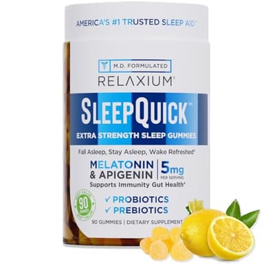 Relaxium SleepQuick Gummies - Sleep Aid + Gut Health & Immune Support, 5mg Melatonin, Vitamin D-3 + Prebiotic & Probiotic Blend, Gluten & Drug Free, Lemon Flavor, 90 Gummies