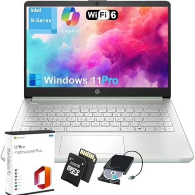 HP Student Business Laptop Computer - w/Microsoft Office Lifetime & External DVD Drive • 16GB RAM • 128GB UFS & 256GB Extend Micro SD Card • HD Display • Win11 Pro