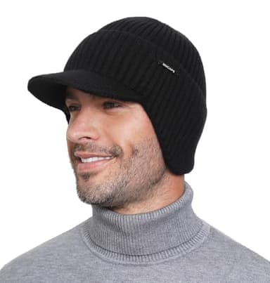 Wmcaps Winter Beanie with Brim and Ear Flaps, Outdoor Warm Fleece Lined Knit Hat Stocking Caps for Men Women Black