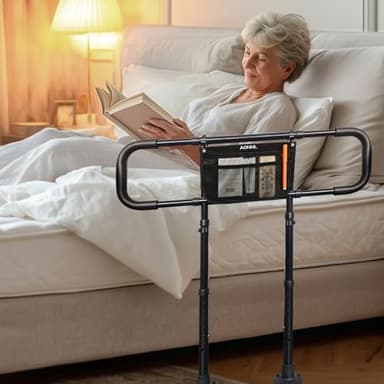 Bed Rails for Elderly Adults Safety with Adjustable Heights Storage Pocket Assist Support Side Railings for Seniors Citizens Slides Under Mattressbed Cane Bed Guard Bed Handles Bars (Black)