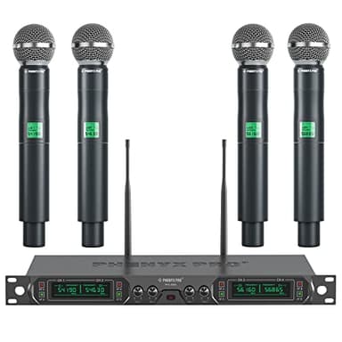 Phenyx Pro Wireless Microphone System, 4-Channel UHF Wireless Mic, Fixed Frequency Metal Cordless Mic with 4 Handheld Dynamic Microphones, 260ft Range, Mics for Singing, Church(PTU-5000-4H)