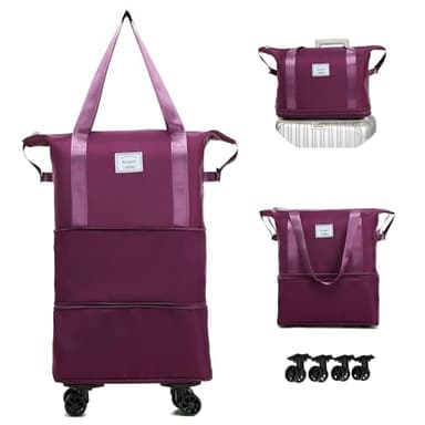 NiceUU Travel Rolling Duffel Bag with Removable Wheels,Expandable Foldable Carry-On Luggage for Trip Hospitalization,Duffle Bag for Travel, Sports,Shopping Fitness & Workout (purple)