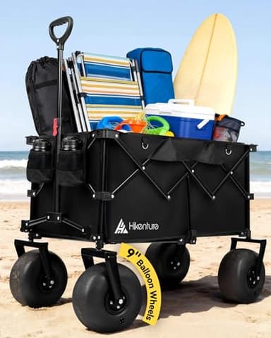 Hikenture Beach Wagon with Balloon Wheels, 9" PU Tires Collapsible Wagon, 308lbs Heavy Duty Beach Cart with Big Wheels for Sand, Large Capacity Utility Wagons Carts Foldable
