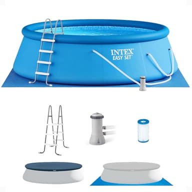 Intex 28167EH Easy Set Inflatable Swimming Pool Set: 15ft x 48in – Includes 1000 GPH Cartridge Filter Pump – Removable Ladder – Pool Cover – Ground