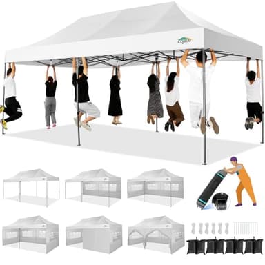 COBIZI 10x20 Heavy Duty Pop up Canopy Tent with 6 sidewalls Easy Up Commercial Outdoor Wedding Party Tents for Parties All Season Wind & Waterproof Gazebo Roller Bag, White(Frame Thickened)