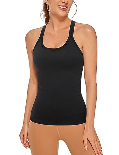 CRZ YOGA Womens Seamless Ribbed Racerback Tank Tops with Built in Bra - Padded Scoop Neck Slimming Athletic Long Camisole Black Medium