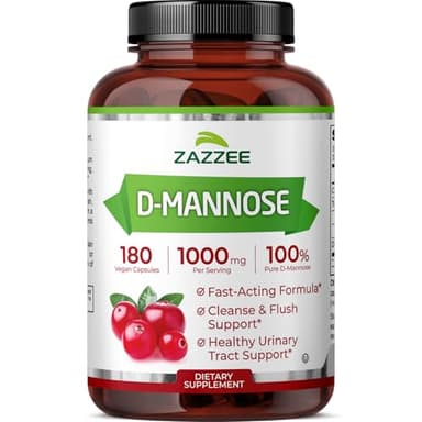 Zazzee D-Mannose, 1000 mg per Serving, 180 Vegan Capsules, 3 Month Supply, Potent & Fast-Acting, Certified Kosher, 100% Pure, All-Natural Urinary Tract Health Support, 100% Vegetarian, Non-GMO
