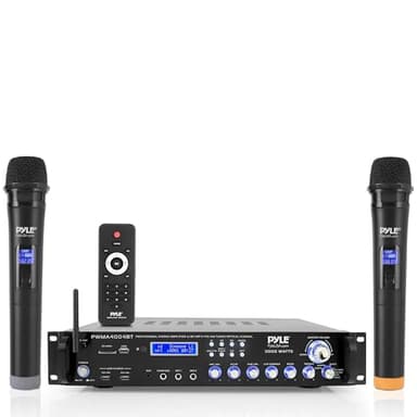 Bluetooth Multi-Channel Hybrid Pre-Amplifier System - 3000W Home Audio Rack Mount Stereo Power Amplifier Receiver w/ Radio, USB, UHF, Dual Wireless Karaoke mic, Speaker Sound System - Pyle PWMA4004BT