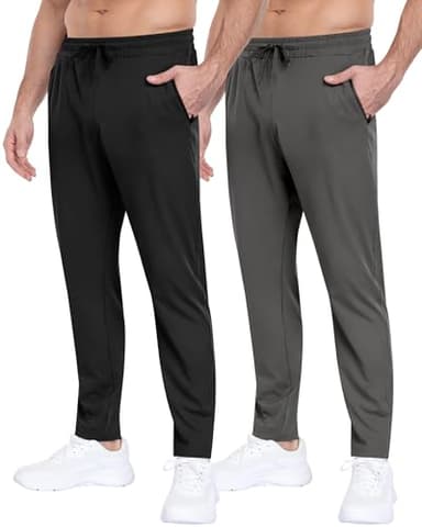 2 Pack Mens Fleece Lined Pants with Zipper Pockets,Winter Athletic Workout Warm Running Joggers Sweatpants for Men-Black/Dark Gray-M