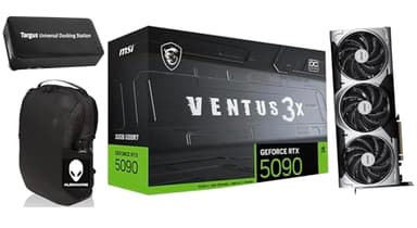 msi Ventus 3X GeForce RTX 5090 OC Edition 32GB GDDR7, PCI Express Gen 5, Clocks Extreme: 2452 MHz, CUDA CORES 21760 Units, Memory Speed 28 Gbps. Bundle with Targus dockstation and Alinware Backpack
