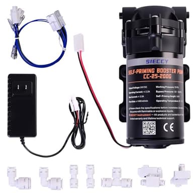 Self-Priming Booster Pump Kit for RO Reverse Osmosis Systems Up to 200 GPD, Includes 24V DC Pump, Low & High Pressure Switches, 3/8" to 1/4" Quick-Connect Fittings, Works with Wells and Storage Tanks