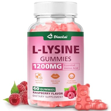 DIAOLAI L-Lysine 1200mg Gummies, Chewable Lysine Supplement for Adults, Immune Support, Collagen Formation Support, Lip & Skin Health, Vegan, Raspberry Flavor, 60 Count