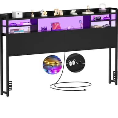 Aheaplus Headboard for King Size Bed with Storage, Headboards with LED Light, Power Outlets, USB Ports King Size Head Board, Wood headboard Only Sturdy and Stable Headboards, Modern, Black