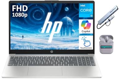 HP 15.6" FHD Touchscreen Laptop Computer, 8GB RAM 512GB Storage (256GB SSD+256GB Docking Station Set), 8-Core Intel Core i3 Processor, Windows 11 with Copilot AI, SageNova Earphones, Moonlight Blue