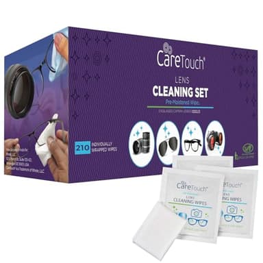Care Touch Lens Wipes for Eyeglasses- 210 Count Individually Wrapped Pre- Moistened Wipes, 5 x 6 Inch- Camera Lens, Sunglasses and Glasses Cleaner,- Gentle and Portable for Cleaning of Optical Devices