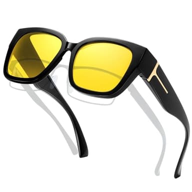 KANASTAL Night Vision Glasses for Men Women Fit Over Design Shades for Nighttime Driving Anti Glare and UV400 Protection Black/Non-polarized Yellow