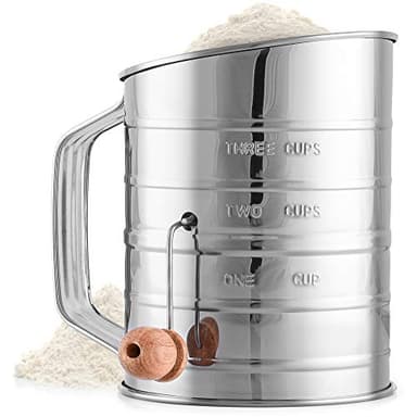 Zulay Kitchen 3 Cup Stainless Steel Flour Sifter - Fine Mesh Rotary Hand Crank Flour Sifter with Agitator Wire Loop For Baking Cakes, Pastries, Pies, Cupcakes and Desserts