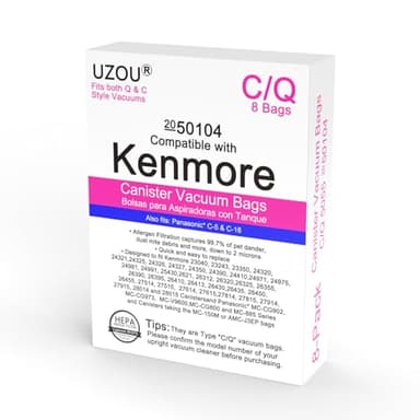 8 Pack Style C/Q Canister Vacuum Bags for Kenmore 50104, Micro Filtration Premium Dust Bags Fit Kenmore Style C Q 5055 50557 50558 Type C-5 Models