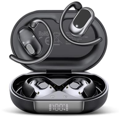 STECEi Open Ear Headphones, Bluetooth 5.4 Earphones 36H Playtime Air Conduction Headphones with Mic, Adjustable Earhook Earbuds with ENC Clear Calls/LED Display, IPX7 Waterproof Open Ear Earbuds Black