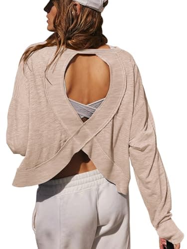 LASLULU Long Sleeve Workout Tops for Women Loose Fit Open Back Shirts Cropped Gym Athletic T-Shirt Backless Fall Tops 2025(Apricot Small)