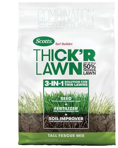 Scotts Turf Builder Thick'R Lawn Tall Fescue Mix, Combination Seed, Fertilizer and Soil Improver, Thickens Thin Grass, 12 lbs