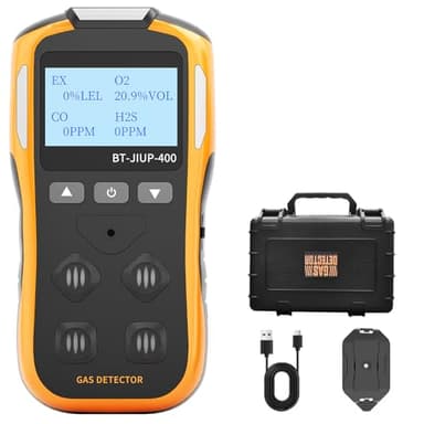 Gas Detector, Portable 4 Gas Monitor for H₂S, CO, LEL, and O₂,Rechargeable Gas Gas Leak Detector with Vibration, Visual and Audible Alarms, 14h Long Battery Life, Reliable for Work Home