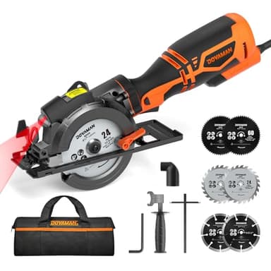 DOVAMAN Circular Saw, 5.8A 4-1/2" Circular Saw w/Laser, Metal Auxiliary Handle, 6 Blades (4½", 4¾"), Cutting Depth 1-11/16" (90°), 1-3/8" (45°), Ideal for Wood, Soft Metal, Plastic, Tile - MCS01A