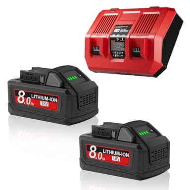 2Pack 8.0Ah Replacement for Milwaukee M18 Battery and Charger 18 Volt Battery with Charger Compatible with 18V 48-11-1810 48-11-1815 48-11-1820 48-11-1850 48-11-1828 48-11-1860 Cordless Power Tools