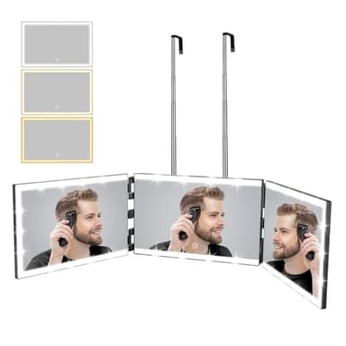 XIGETRAIL Rechargeable 3 Way Mirror for Self Hair Cutting with 8 Light Strips & Telescoping Hooks for Makeup,Shaving,Braiding&Styling-Trifold Barber Mirror