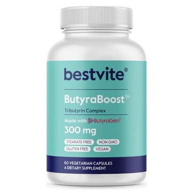 BESTVITE ButyraBoost 300mg Tributyrin Complex (60 Vegetarian Capsules) - No Stearates - Vegan - Non GMO - Gluten Free - Butyrate Gut Health Supplement