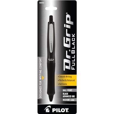PILOT Dr. Grip FullBlack Refillable & Retractable Ballpoint Pen, Medium Point, Black Ink, Single Pen (36193)- Ideal for School, Journaling & Office Writing