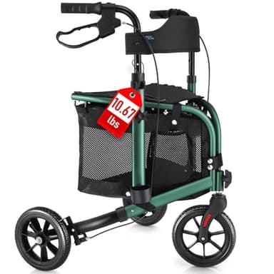 WALK MATE 3 Wheel Rollator Walker with Seat for Slim Seniors, Padded Backrest Lightweight Foldable Walker Ideal for Elderly, 8 Inch Tri-Wheel Modern Mobility Walking Aid Aluminum, Green