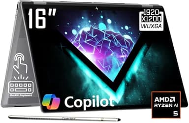 HP 2025 16'' Omnibook X 2-in-1 X360 2K Touch Laptop, Ryzen 5 220(Beat i7-1355U, Up to 4.9 GHz) 8GB RAM 512GB SSD, Copilot, Backlit, WiFi 6E, Fast Charge, Win11 H, Silve W/Stylus Pen